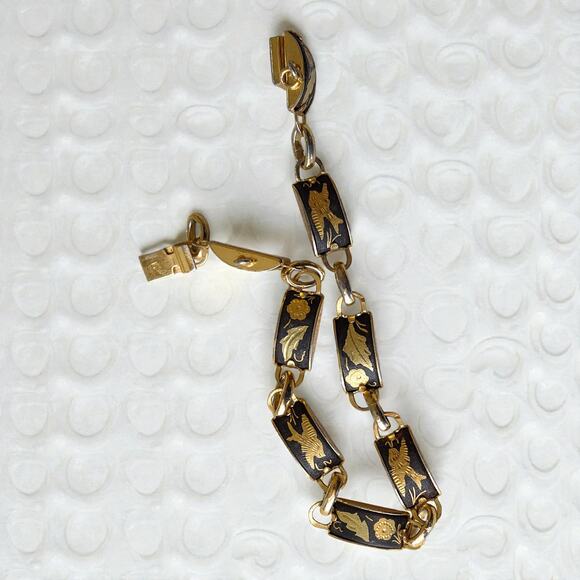 Vintage Damascene Bracelet Gold Black Bird Floral 1970s Spanish Link 7" - Picture 5 of 5